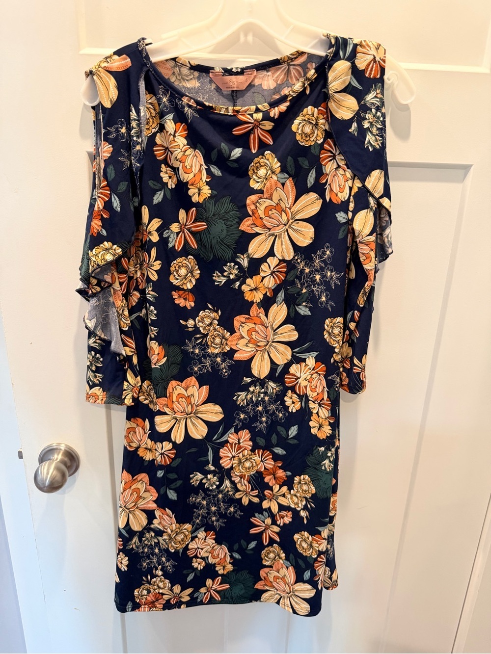 SJS Navy Floral Cold Shoulder Dress Small Boho Flutter Sleeve Stretch Dress